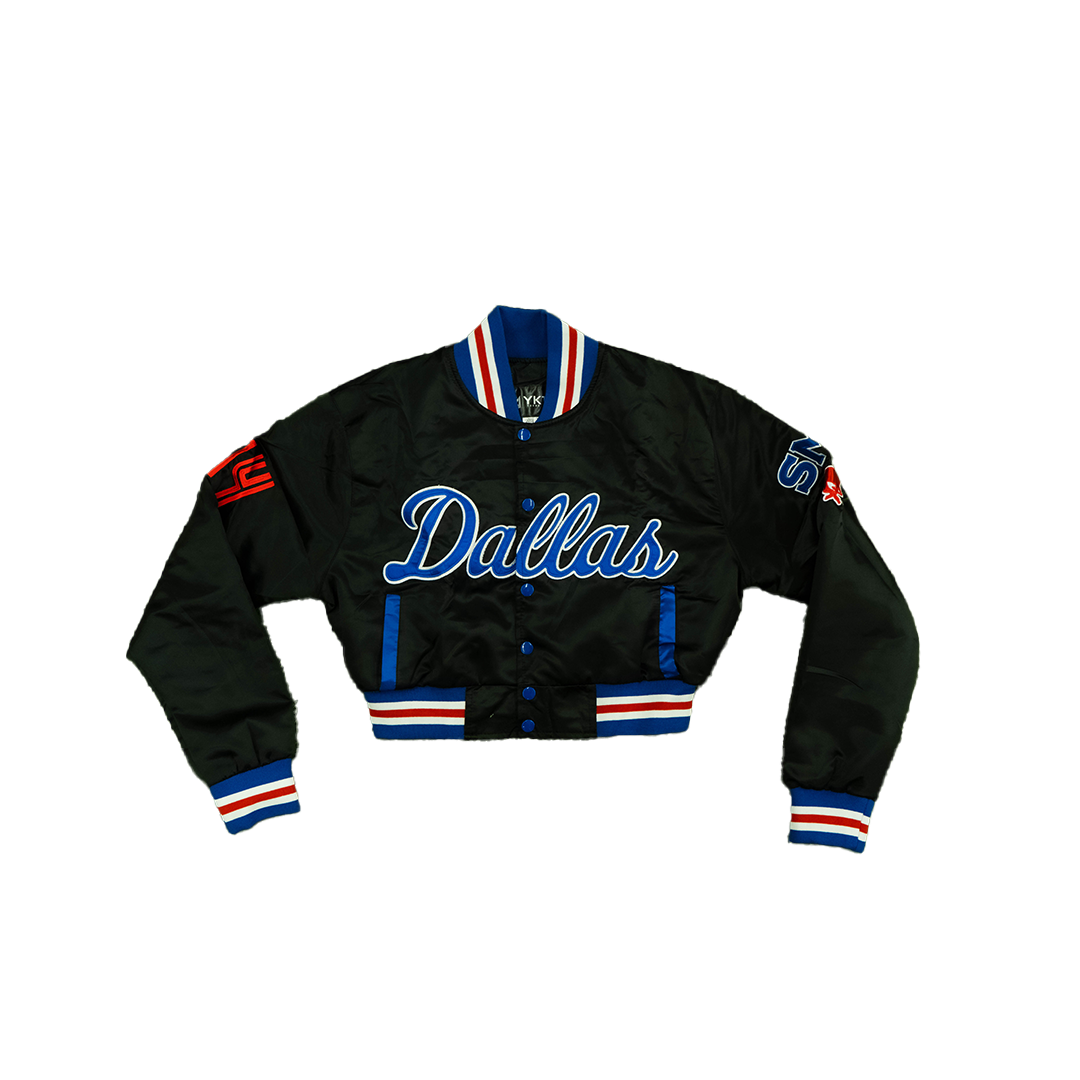 SMU/YK1K WOMENS SATIN CROPPED VARSITY JACKET Black