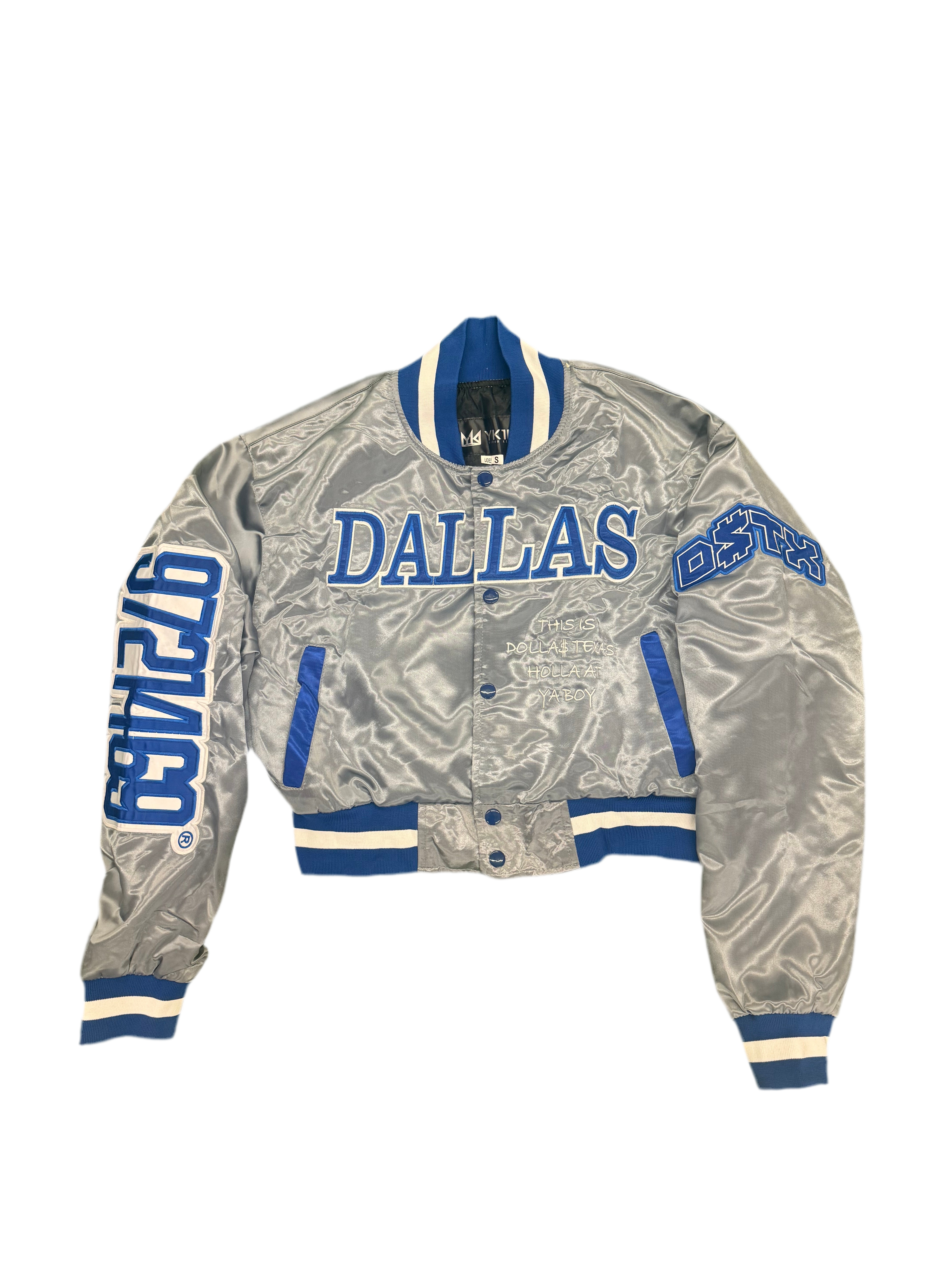 THIS IS DALLAS CROPPED SATIN VARSITY JACKET Grey 2.0