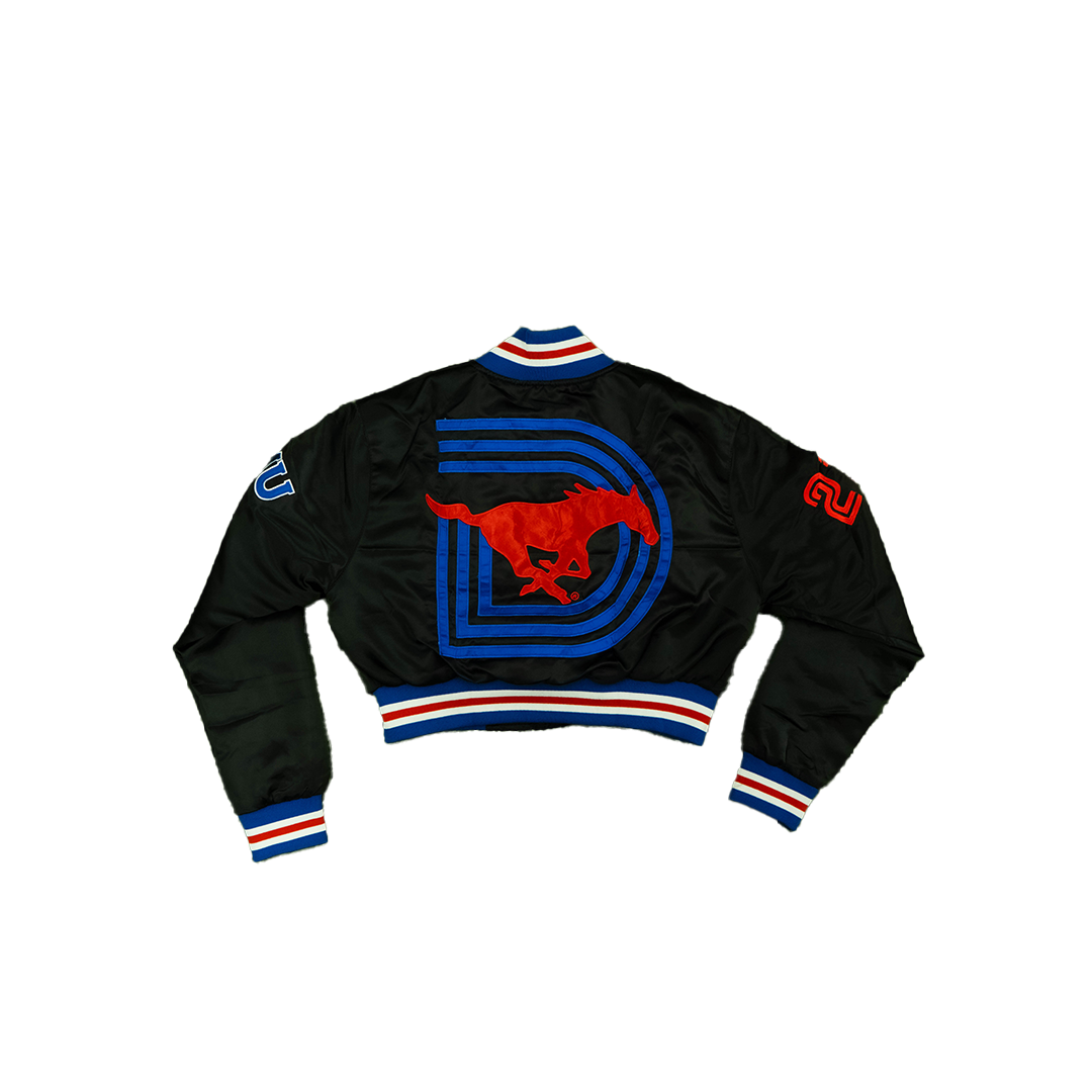 SMU/YK1K WOMENS SATIN CROPPED VARSITY JACKET Black PRE-ORDER