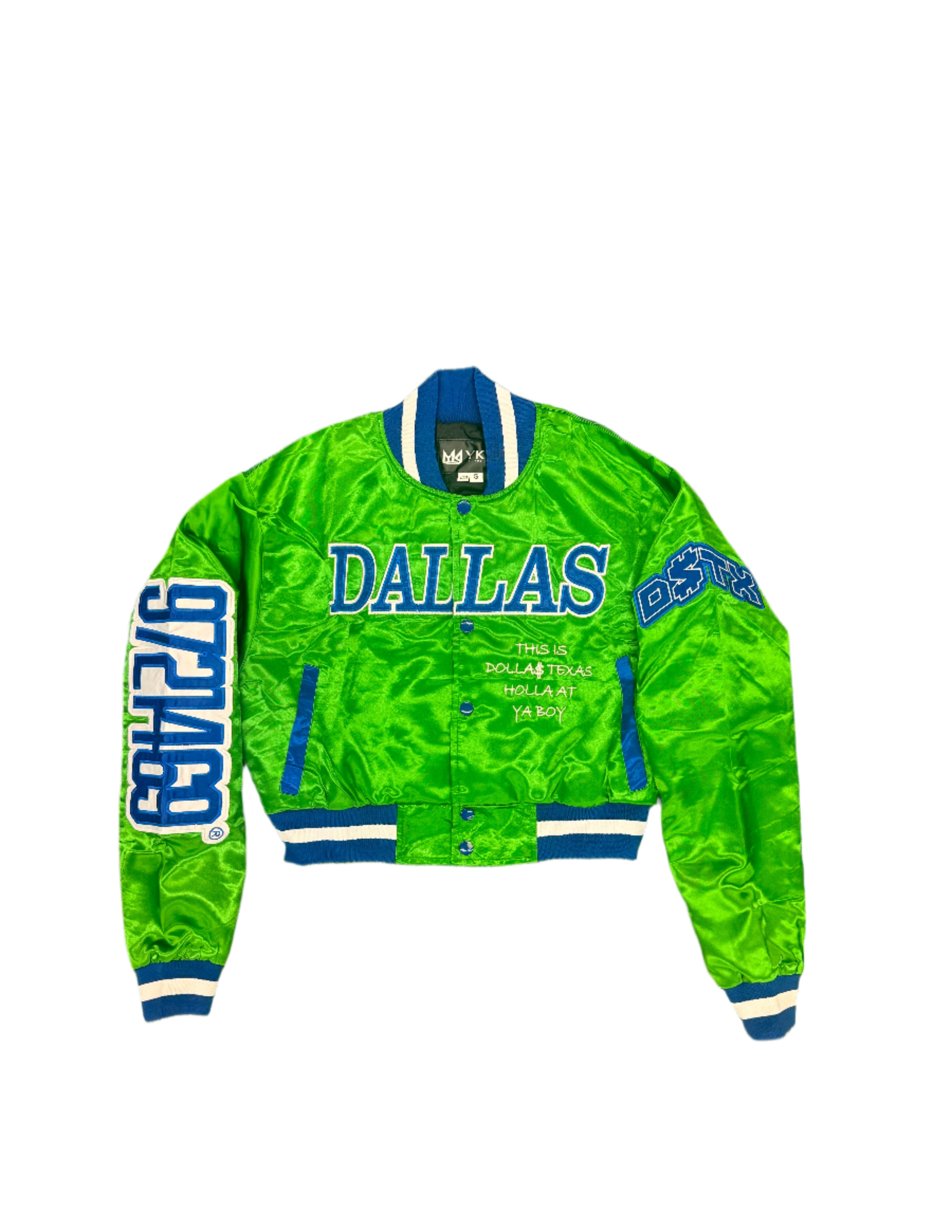 THIS IS DALLAS CROPPED SATIN VARSITY JACKET Green 2.0