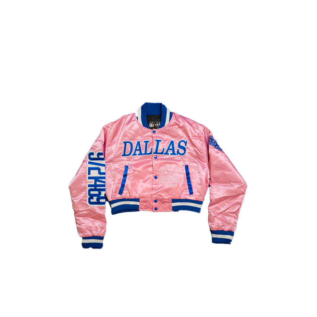 THIS IS DALLAS CROPPED SATIN VARSITY JACKET PINK