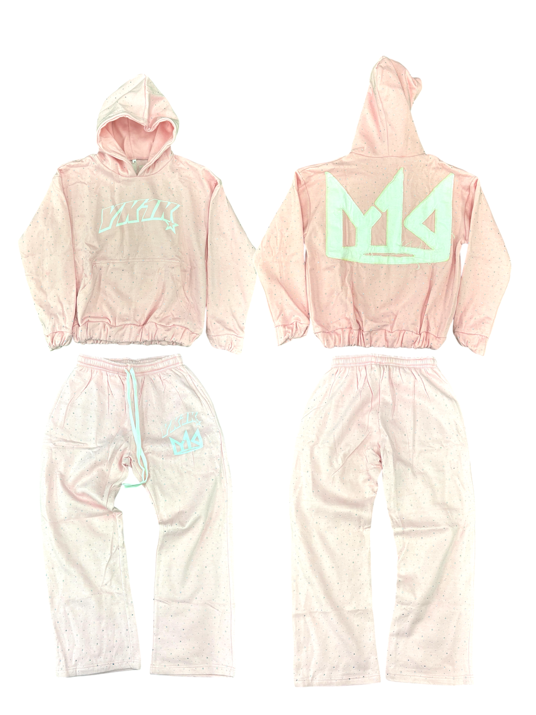 Premium “1KStone” WINTER 25 OVERSIZED HOODIE STACKED PANTS SWEATSUIT PINK