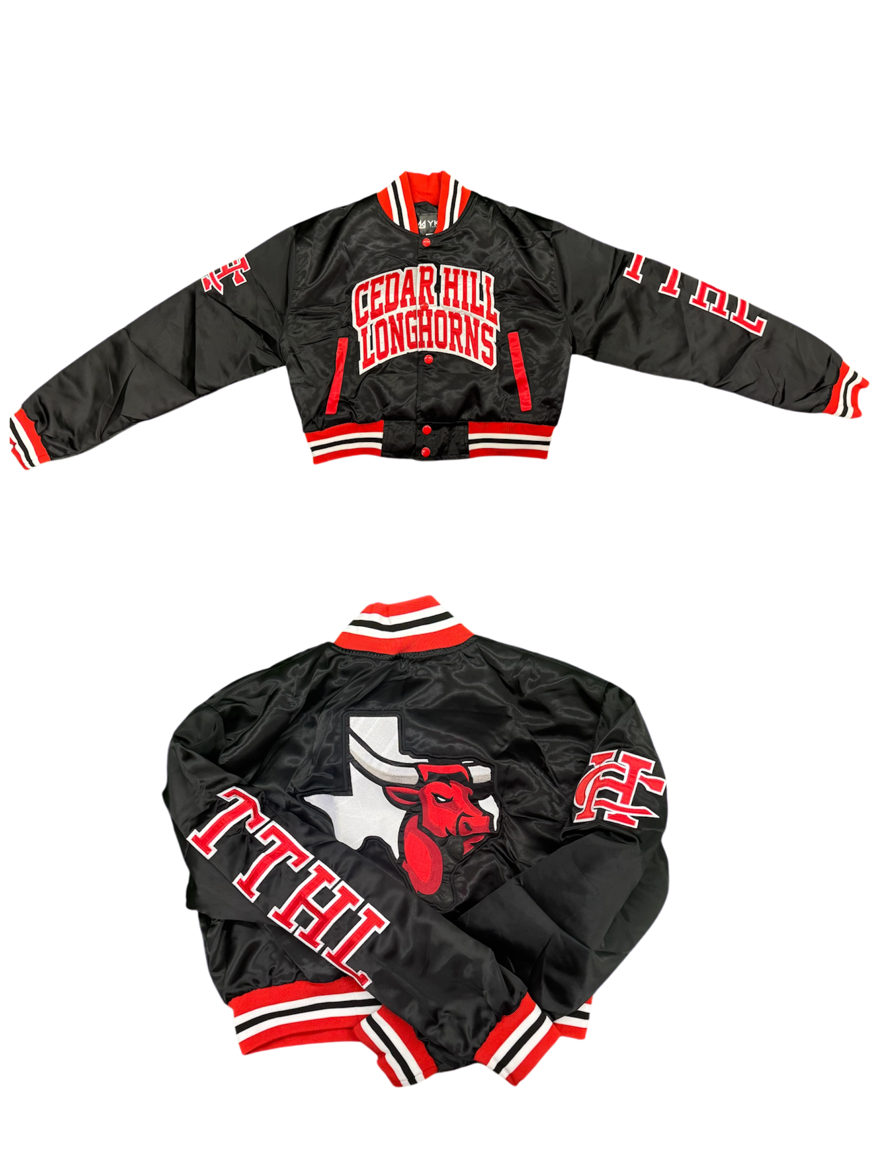 CEDAR HILL YK1K SATIN VARSITY JACKET CROPPED BLACK