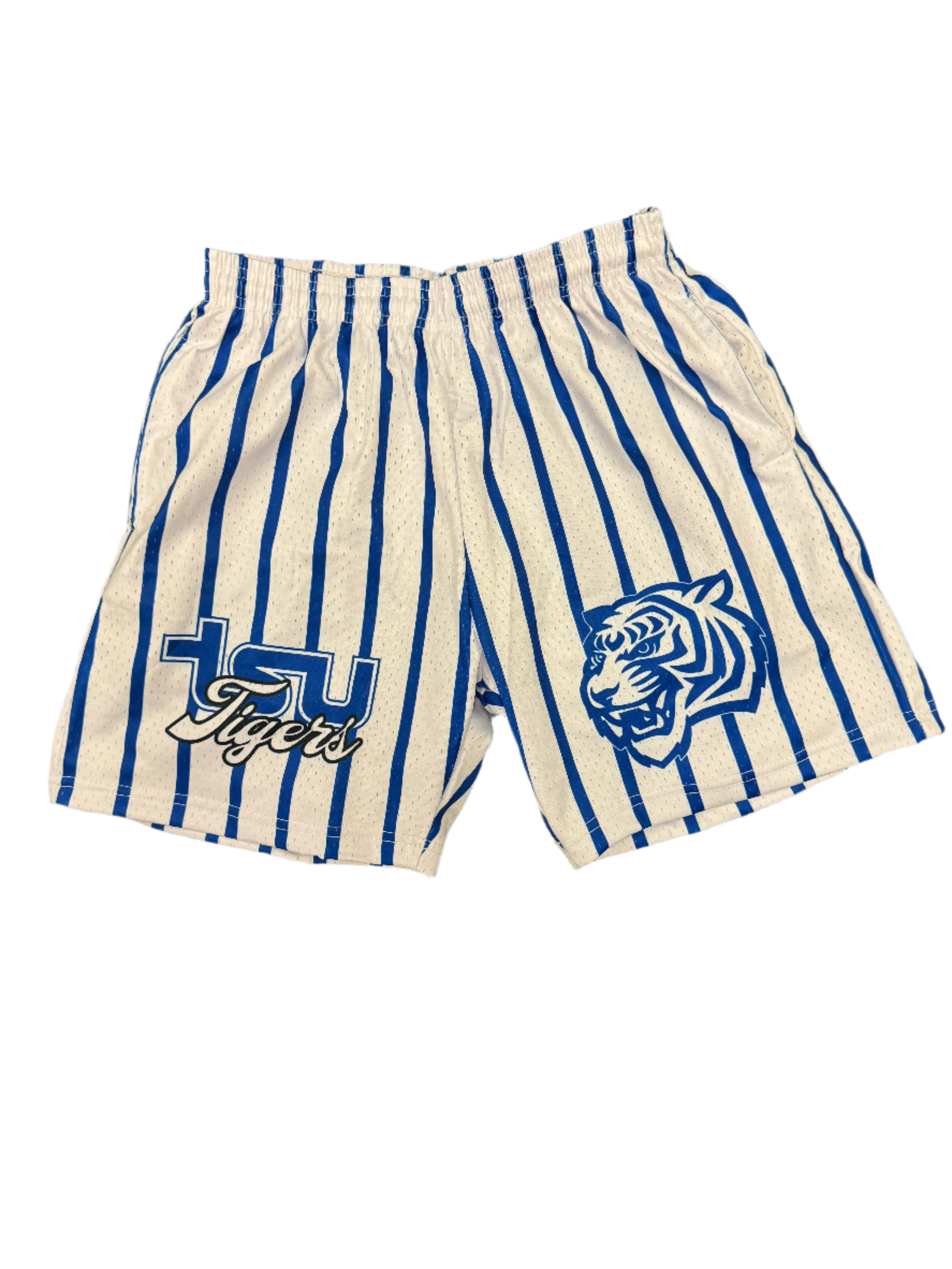 TSU TIGER Mesh Basketball Shorts WHITE BLUE PINSTRIPES